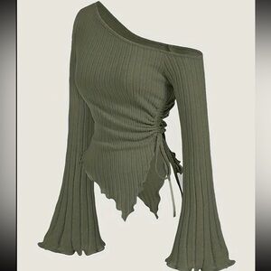 Olive Green Off-Shoulder Ribbed Top